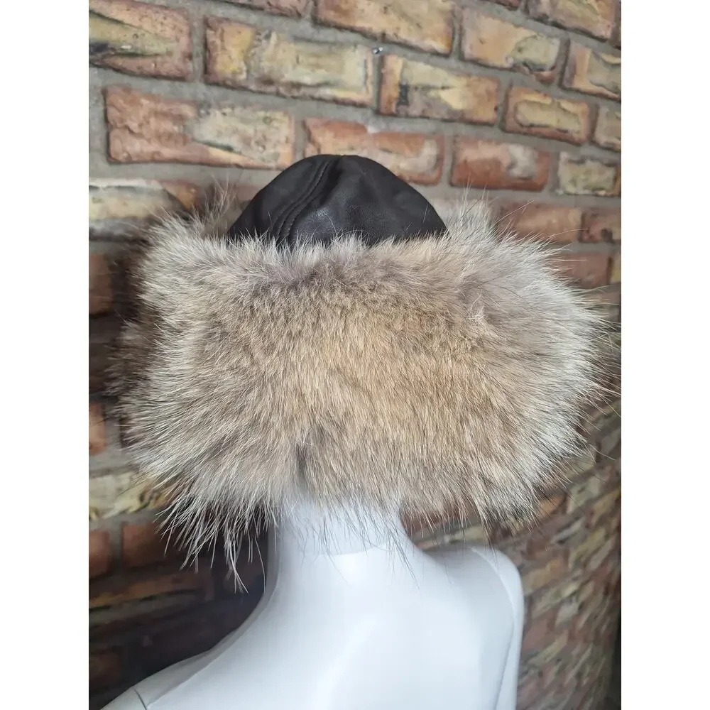 Paul Leinburd Crown Cap Natural Coyote Fur Leather Women's Winter Hat Medium